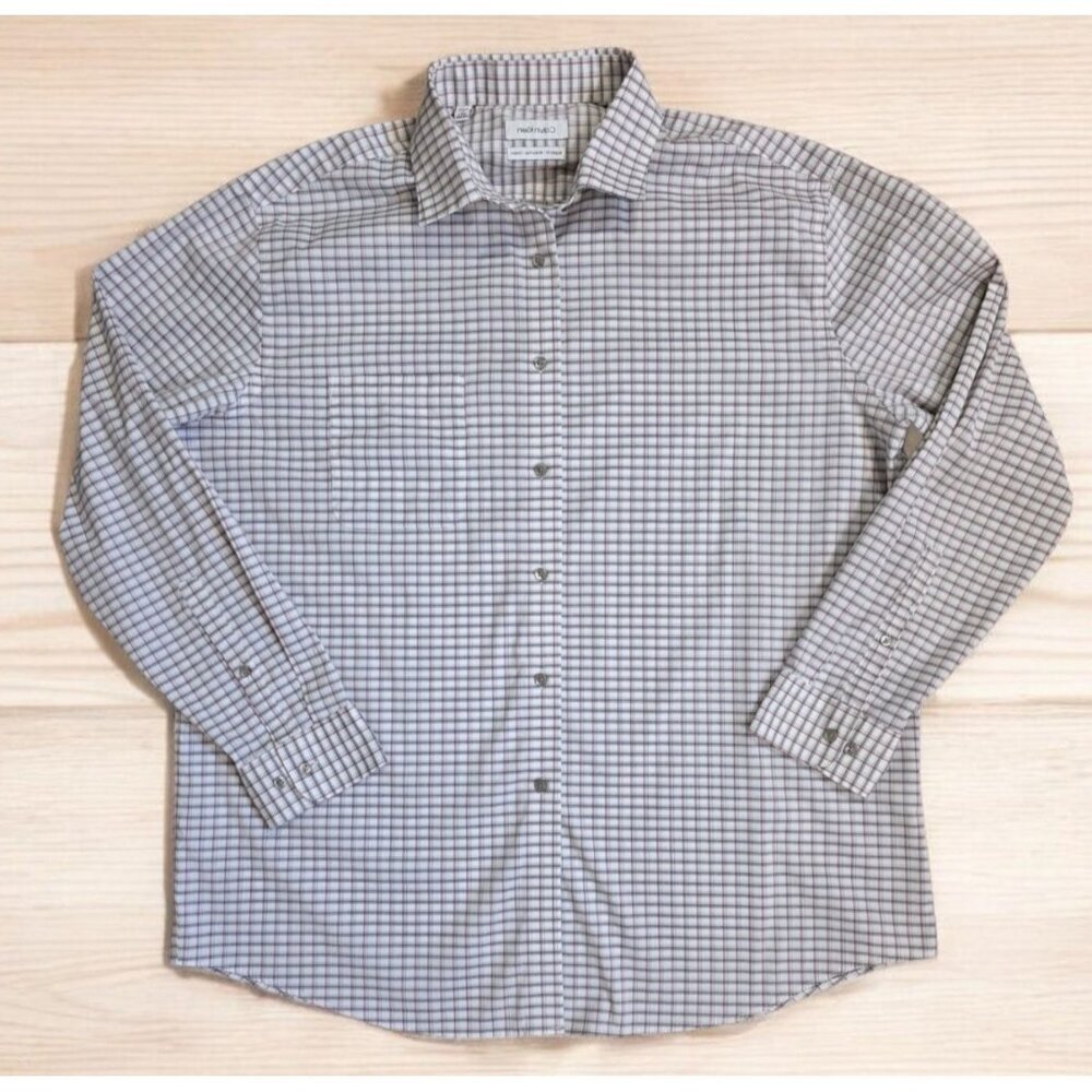 Calvin Klein Mens XL 17-17.5 (34/35) Regular Fit Stretch Wrinkle Free Plaid Gray